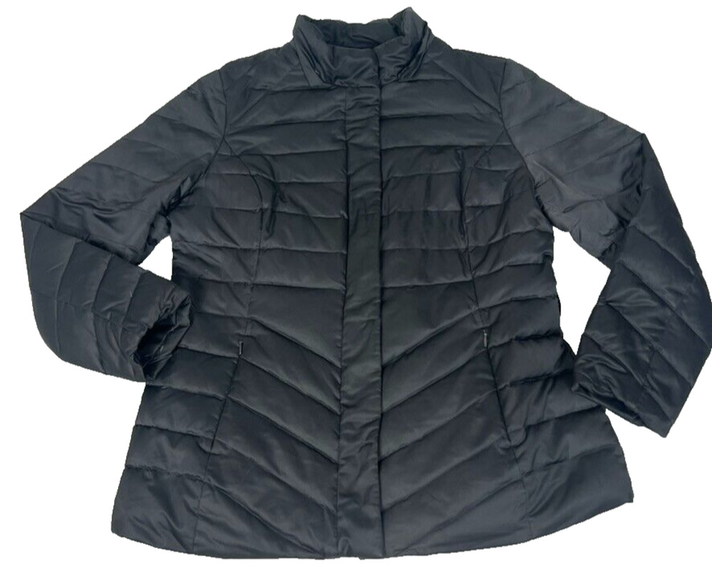 Jones New York Jacket Womens Large Black Down Button Up Zip Pockets Quilted Puff